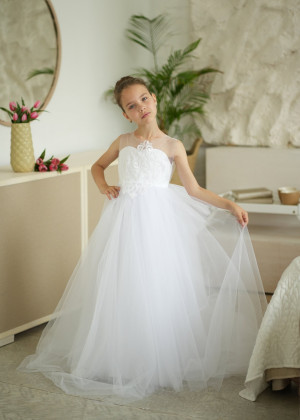 Illusion Neck White Lace Tulle Flower Girl Dress